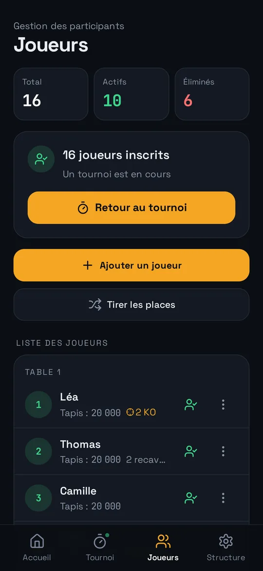 Écran des joueurs : 16 inscrits, 10 encore en jeu, tirage des places et liste des joueurs par table.